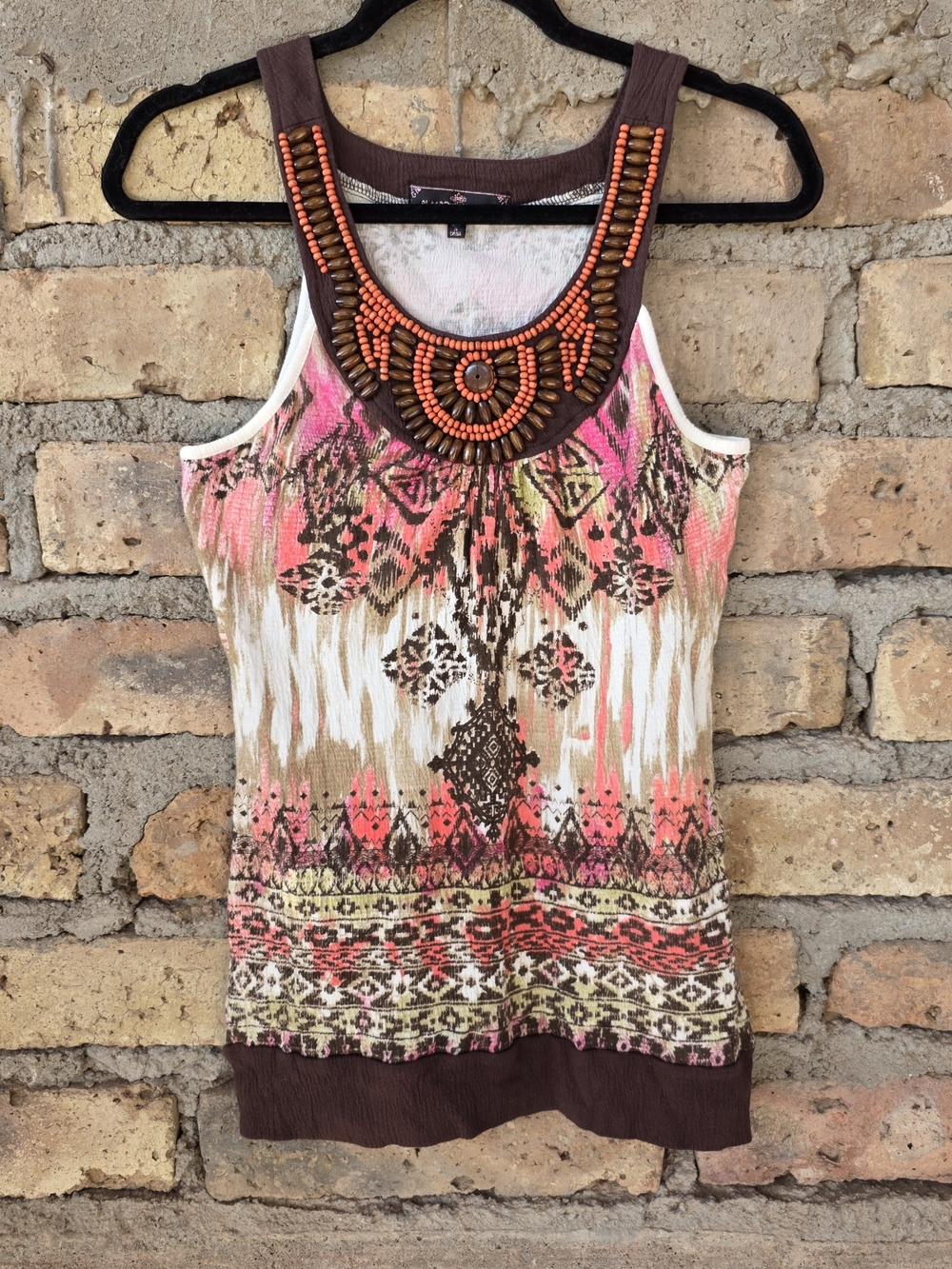 Almost Famous Boho Beaded Neckline Tank Top - XL - Pink/Brown Tribal Print